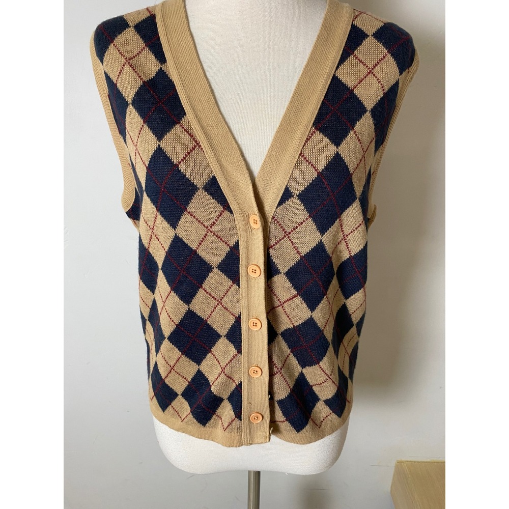 Vintage Paddle & Saddle Argyle Knit Button Front Vest Tan Navy 1960s Womens